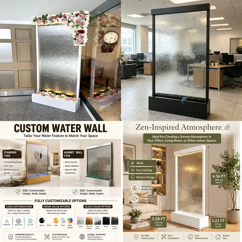 Fonte de Parede em Vidro Art Deco Moderna, Painel de Cascata para Decoração de Casa, Jardim e Hotel, Cascata de Espelho de Alumínio