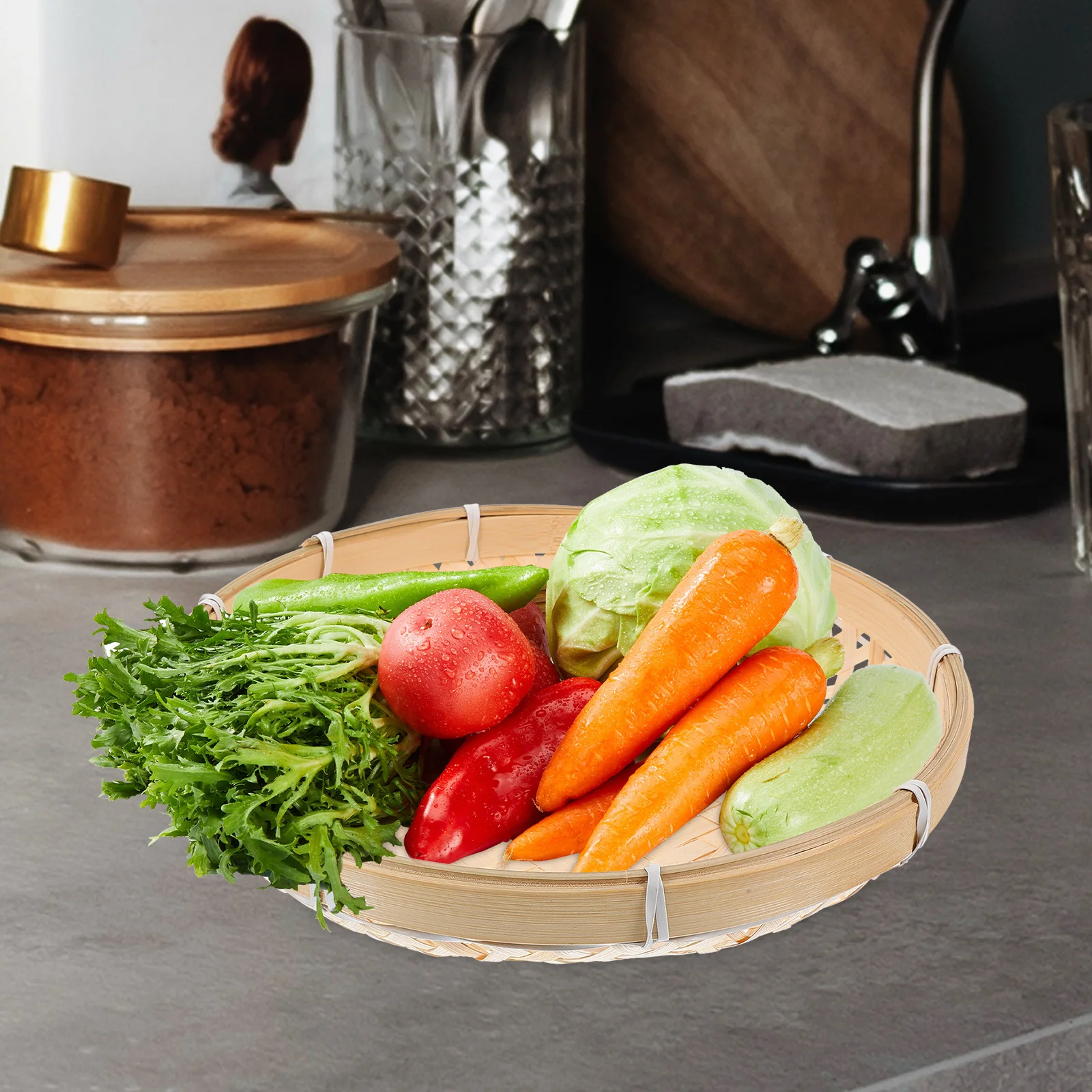 

Bamboo Basket Woven Large Capacity Food Storage Organizer Kitchen Sundries Fruit Container Multipurpose Household