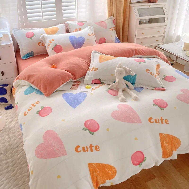 

Winter Thicken Coral Milk Fleece 4pcs Bedding Sets Cartoon Pattern Warm Soft Luxury Comforter Quilt Cover Sheet Pillowcases