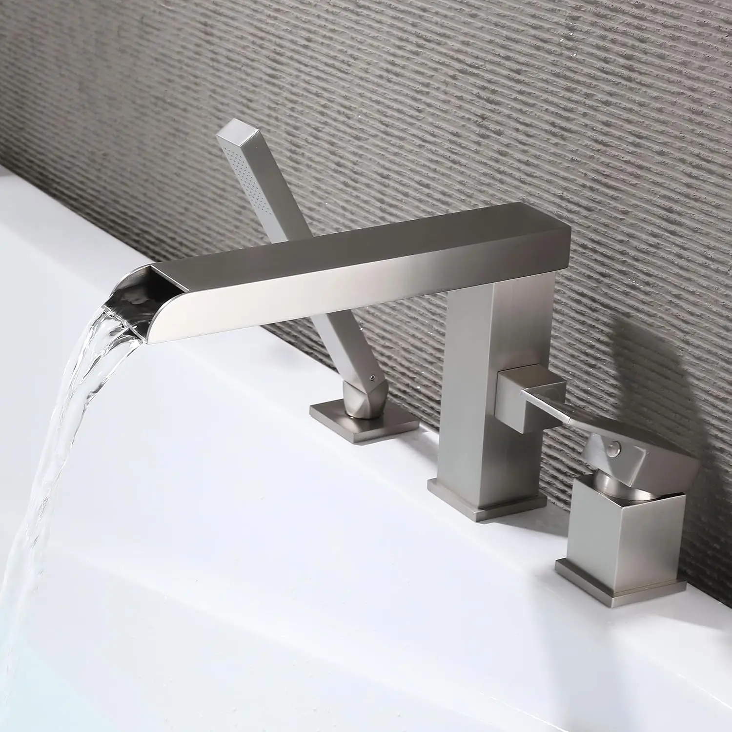 Roman Tub Faucet with Hand Shower Brushed Nickel Rotatable Spout | Long Spout, Rotatable Spout, All Metal Design, Easy To Fit, 3 Hole Widespread