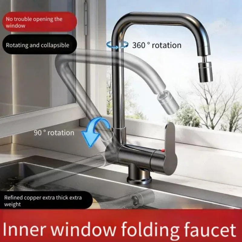 Fine Copper Inner Window Folding Faucet Kitchen Hot and Cold Washing Basin Sink Balcony Universal Rotating Dwarf Faucet