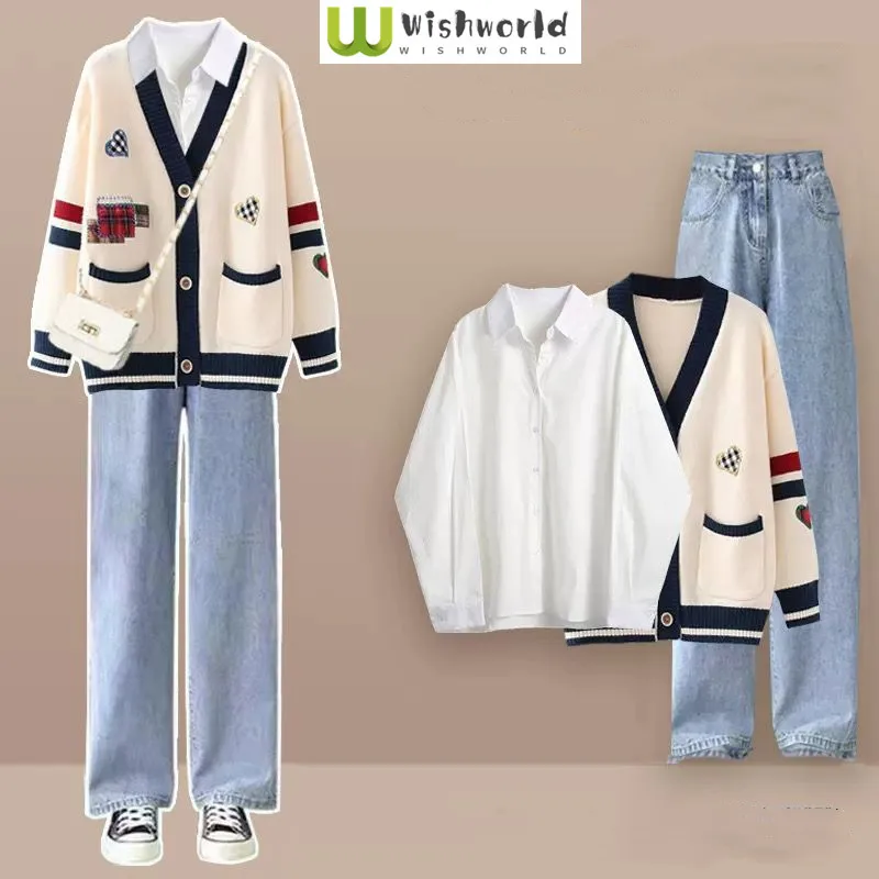 Spring and Autumn Fashion Set Women\'s Korean Edition Loose Casual Knitted Jacket+Shirt+Age Reducing Work Pants 3-Piece Set