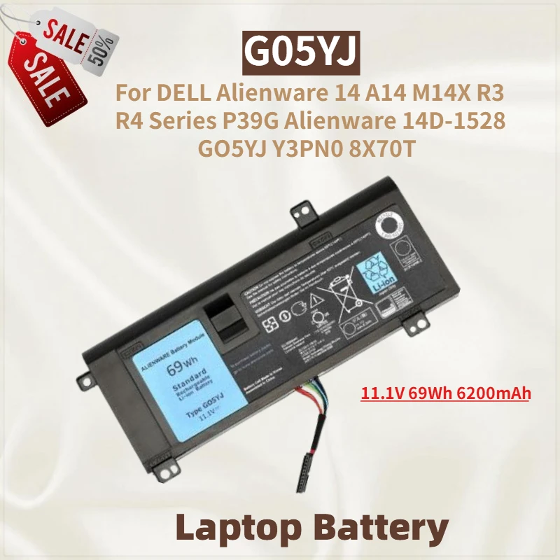 

G05YJ Laptop Battery 11.1V 69Wh 6200mAh For DELL Alienware 14 A14 R3 R4 M14X Series P39G Alienware 14D-1528 8X70T Y3PN0