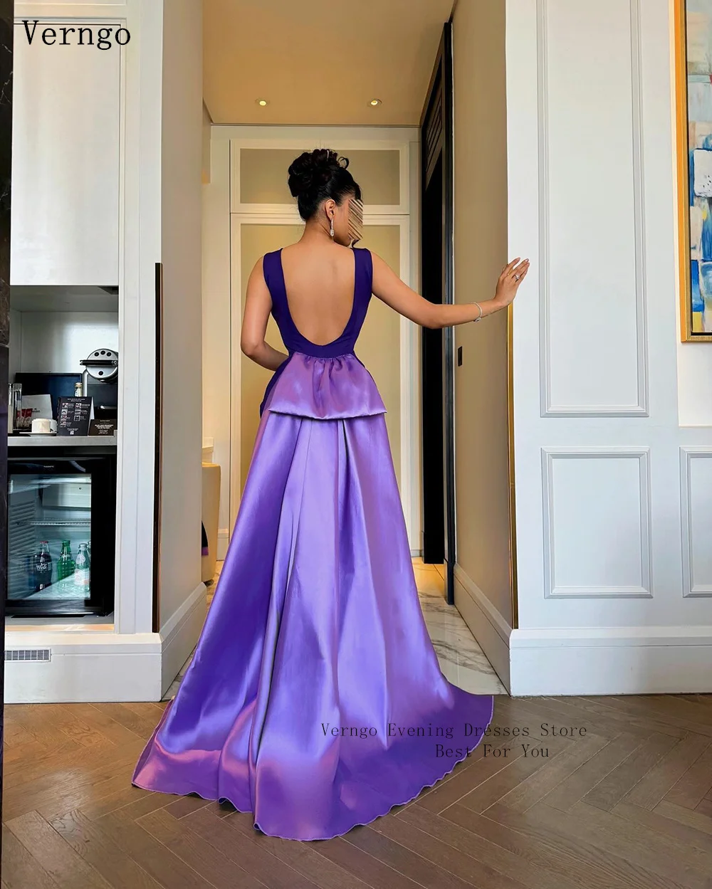 Verngo Purple Crepe Evening Dress High O Neck Sleeveless Backless Prom Paryt Dresses Simple Bow Long Prom Gowns