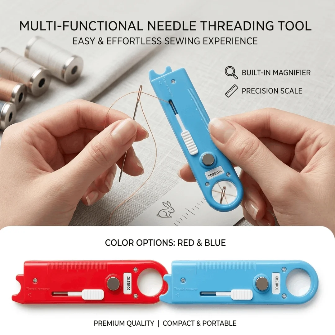 All-in-One Automatic Needle Threader With Built-In Magnifier And Measuring Gauge For Quick Sewing Repair Handicraft Tool