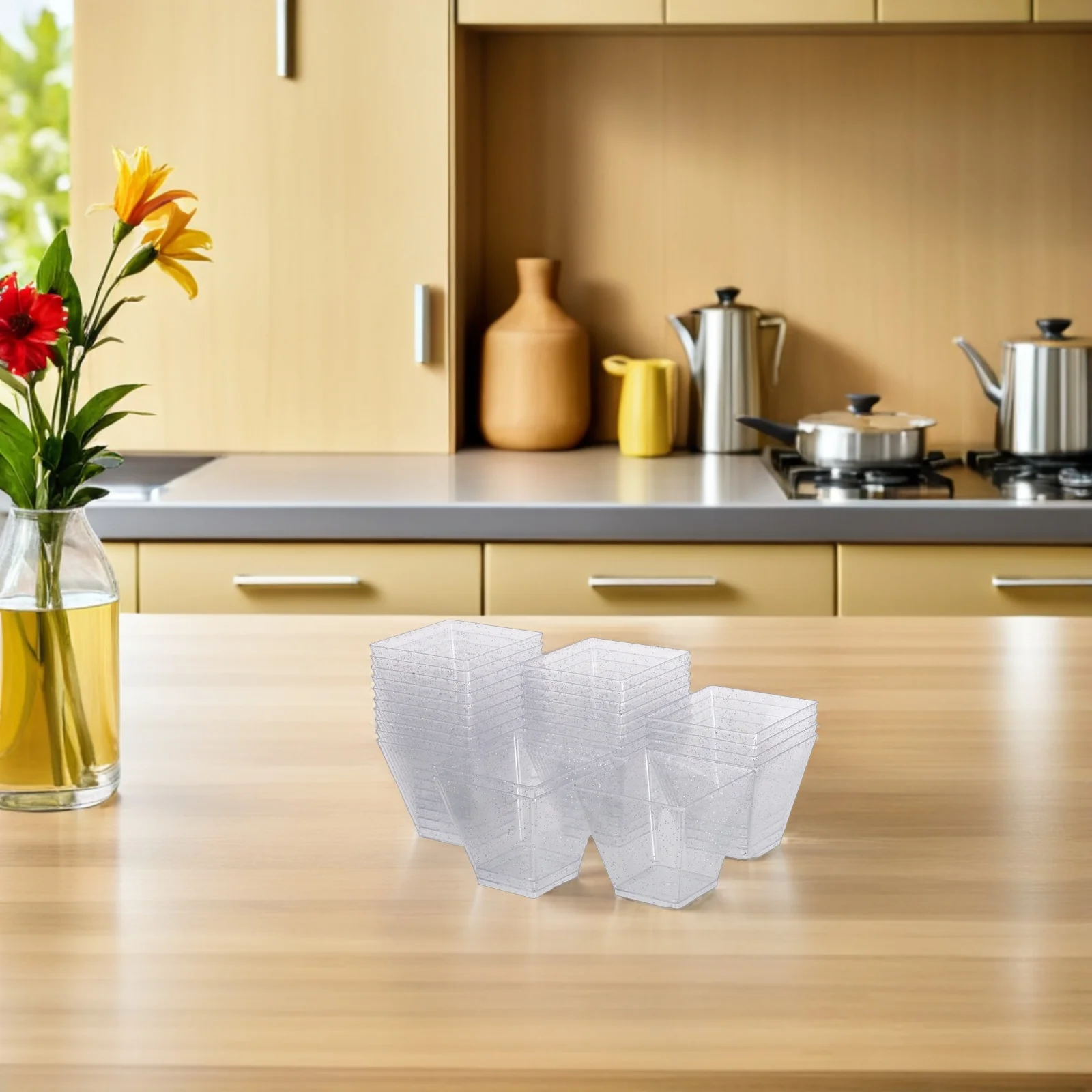 

25Pcs Silver Glitter Square Dessert Cups 60ml Clear Plastic Appetizer Bowls for Mousse Yogurt Parfait Mini Pudding Snack Serving