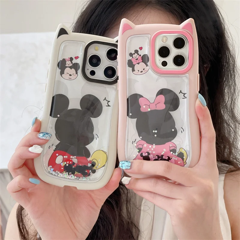 Funny Cartoon Mickey Minnie Quicksand Bling Glitter Phone Case For iPhone 15 14 13 12 Pro Max Disney Back Shadow Cat Ears Cover