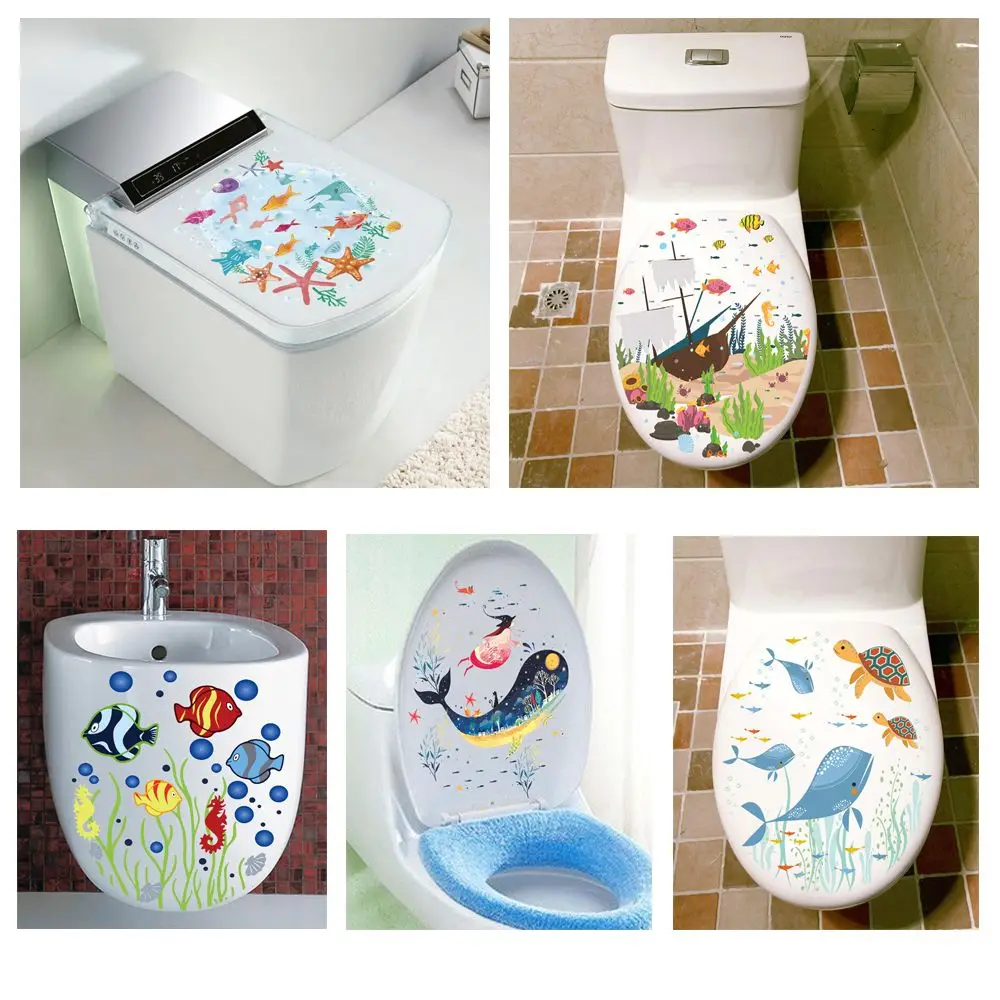 Vinyl Bathroom Mural Art Commode Ornament Sea-lives Decals Underwater World Cartoon Fish Toilet Stickers