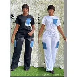 2024 Spring Autumn African Women O-neck Half Sleeve White Black Polyester Two Pieces Sets Top and Long Pant African Suit S-5XL