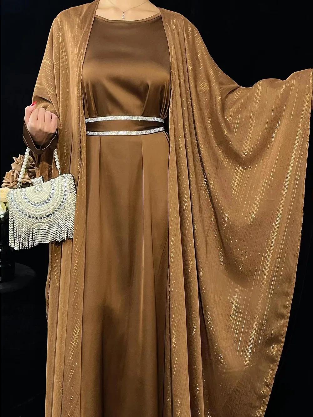 Muslim Abaya eid Suits Dresses Women Party Open 2 Piece Sets Vestidos Jalabiya Ramadan Morocco Dubai Abayas Kaftan Cardigan Robe