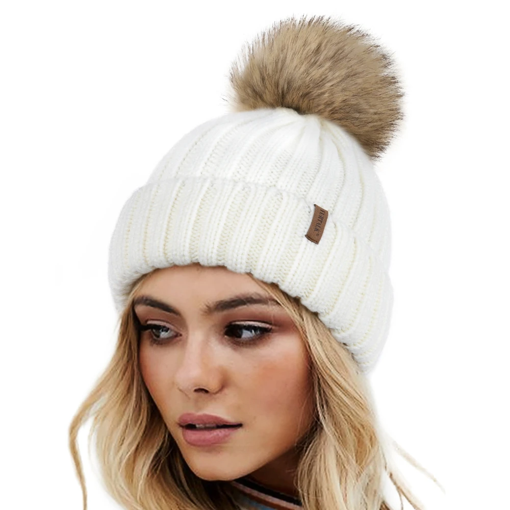

Женская зимняя вязаная шапка FURTALK с помпоном из искусственного меха, теплая вязаная шапка с черепом для женщин