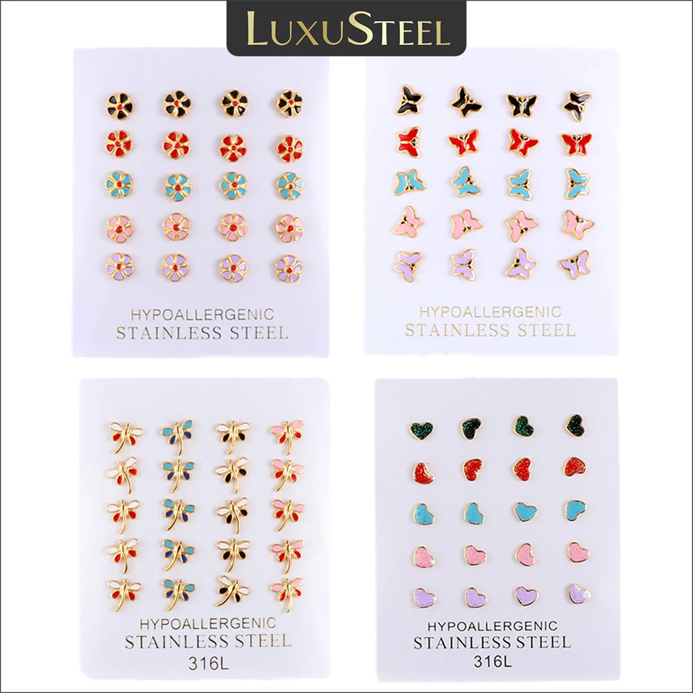 LUXUSTEEL 10Pairs Mini Colorful Butterfly Heart Flower Dragonfly Stud Earrings for Girls Stainless Steel Hypoallergenic