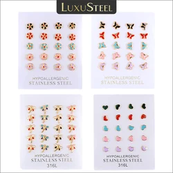 LUXUSTEEL 10Pairs Mini Colorful Butterfly Heart Flower Dragonfly Stud Earrings for Girls Stainless Steel Hypoallergenic