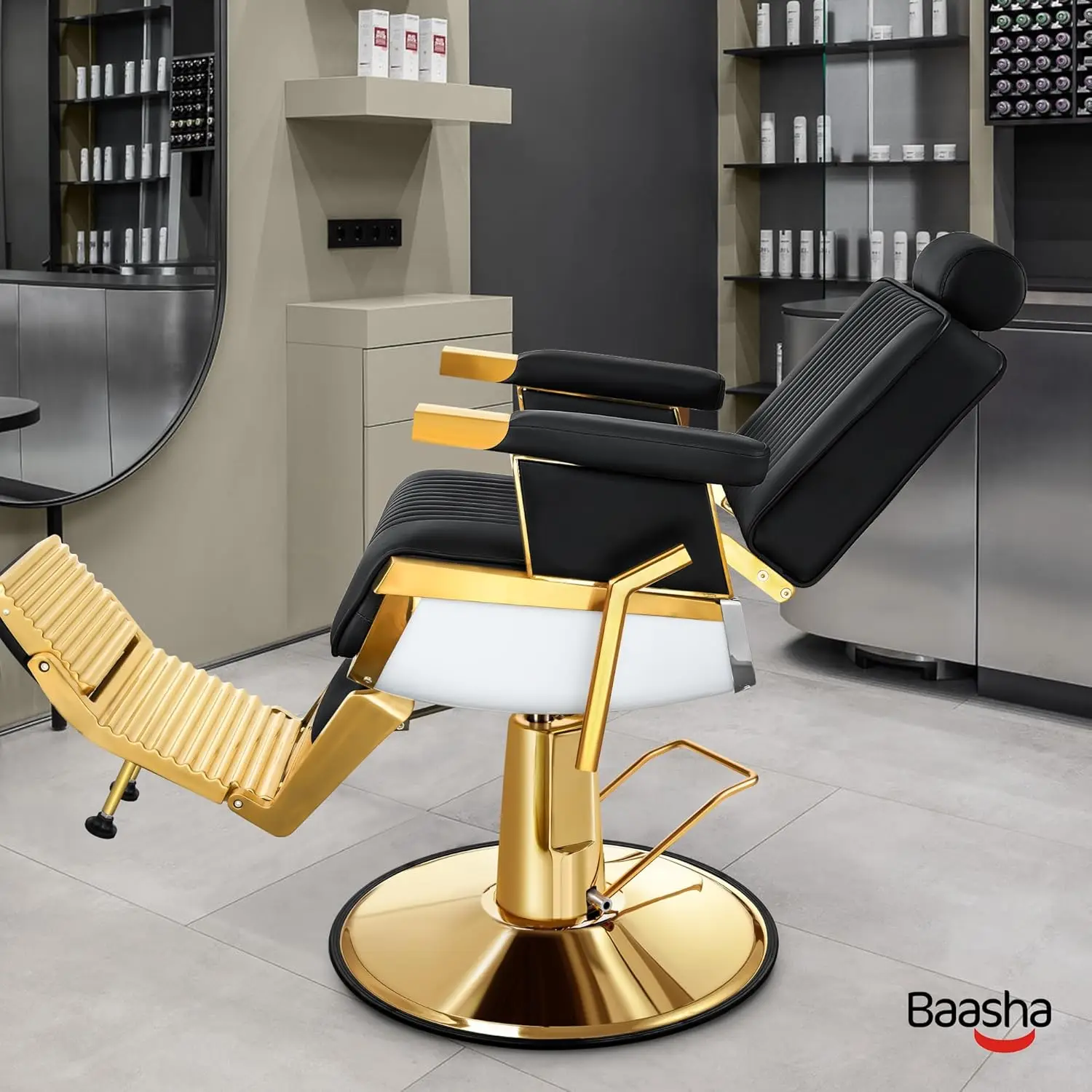 Baasha Black Gold Reclining Salon Chair With Adjustable Backrest & Lumbar Support, Elegant Design Stylist Chair, Heavy Duty