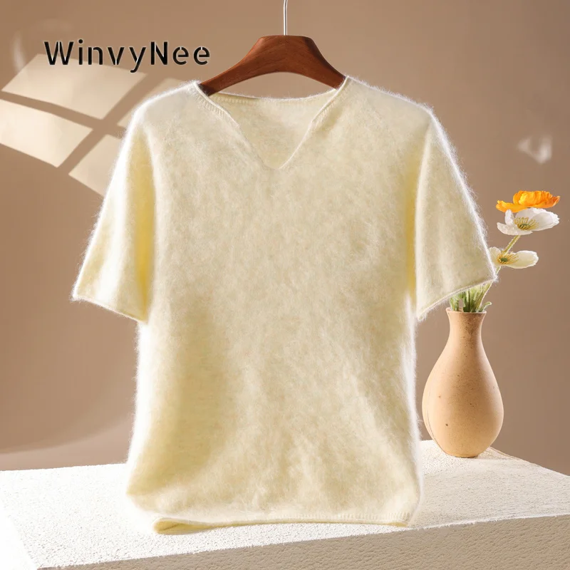 WinvyNee Women Small V Neck Short Sleeve Cashmere Jumper Knit Top Brushed Fabric Autumn Soft Silhouette Versatile Wear A1743012