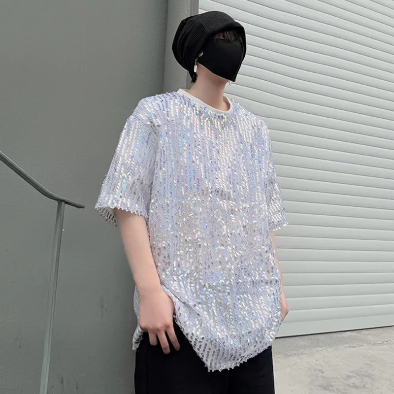 LUZHEN 2026 Summer Solid Color Sequin Patchwork Design Loose Short Sleeve T-shirts Men's Fashion Handsome Street Clothes JY7797