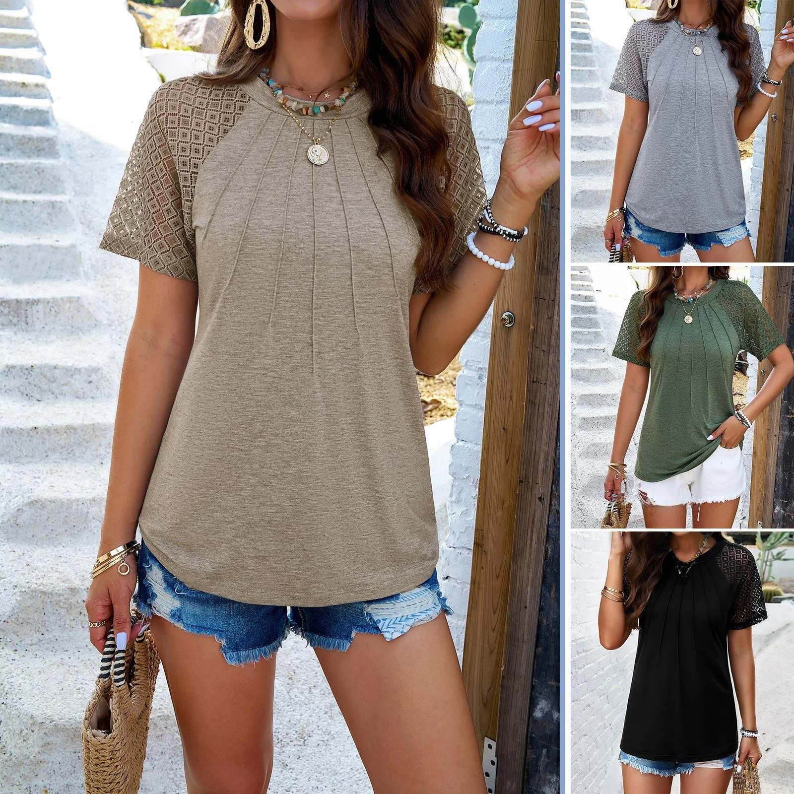 

Элегантная женская футболка с круглым вырезом и коротким рукавом, стиль Cleanfit, 100% хлопок, без искусственной кожи, без бренда, зарегистрированная торговая марка