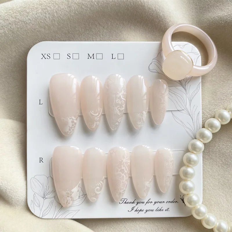 10 Stück Handgefertigte Spitzen-Aufklebenägel Transparente Nude-Rosa Französische Maniküre Mandelförmige Künstliche Nägel Vollständige Abdeckung Damen Blush Tragbare Elegante Nägel