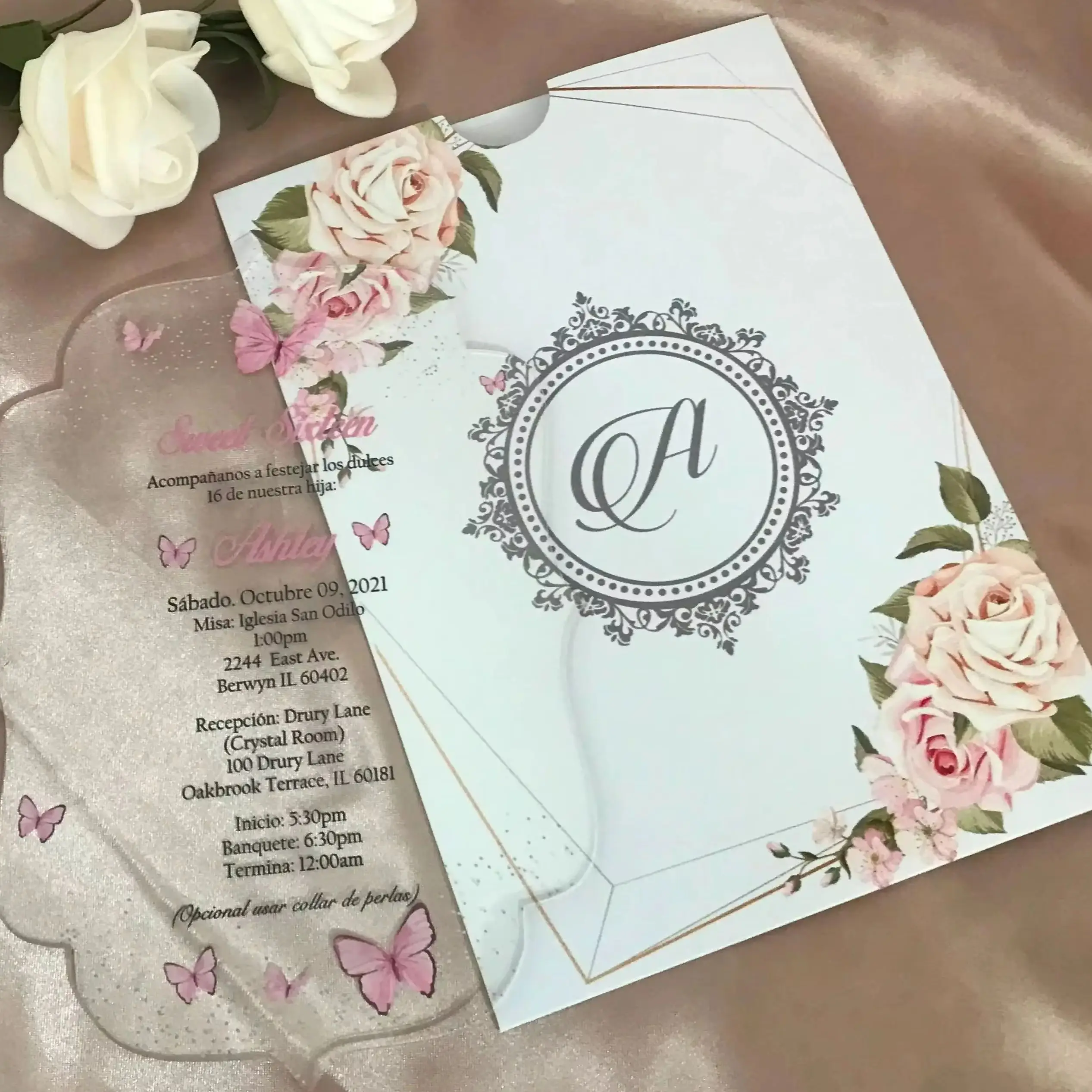 

10pcs Custom Transparent Acrylic Quinceanera Invitation,Custom Pocket Envelopes,Sweet Birthday Invitations for Party Favor Decor