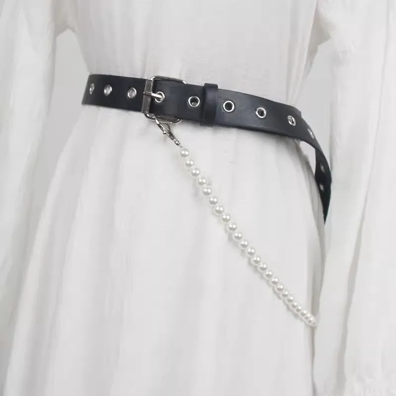 여성 패션 PU 가죽 진주 체인 코르셋 여성 Cummerbund 코트 허리띠 드레스 Decration 와이드 벨트 J1343