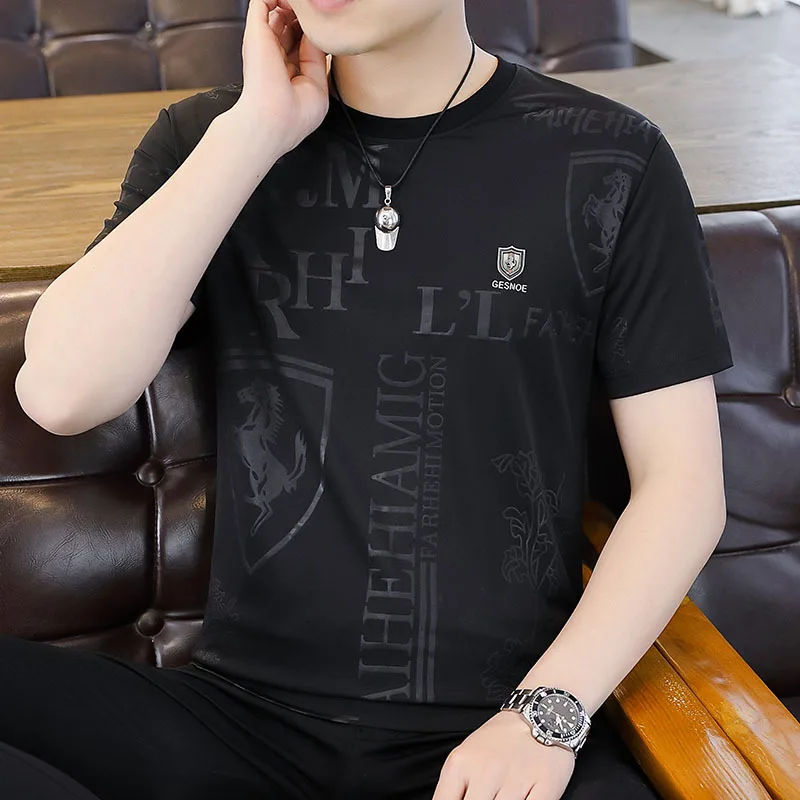 New Men's Short T-Shirt 2024 Summer New Trend Thin Ice Silk Half Sleeved Clothing Personalized Embossed European Version