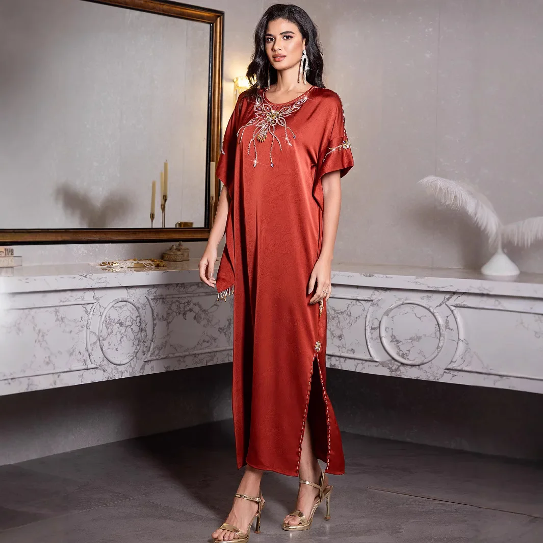 

Elegant Muslim Women Short Sleeve Dress Retro Ramadan Vestido Longue Dubai Abaya Turkey Islam Long Evening Dresses Musulmane New