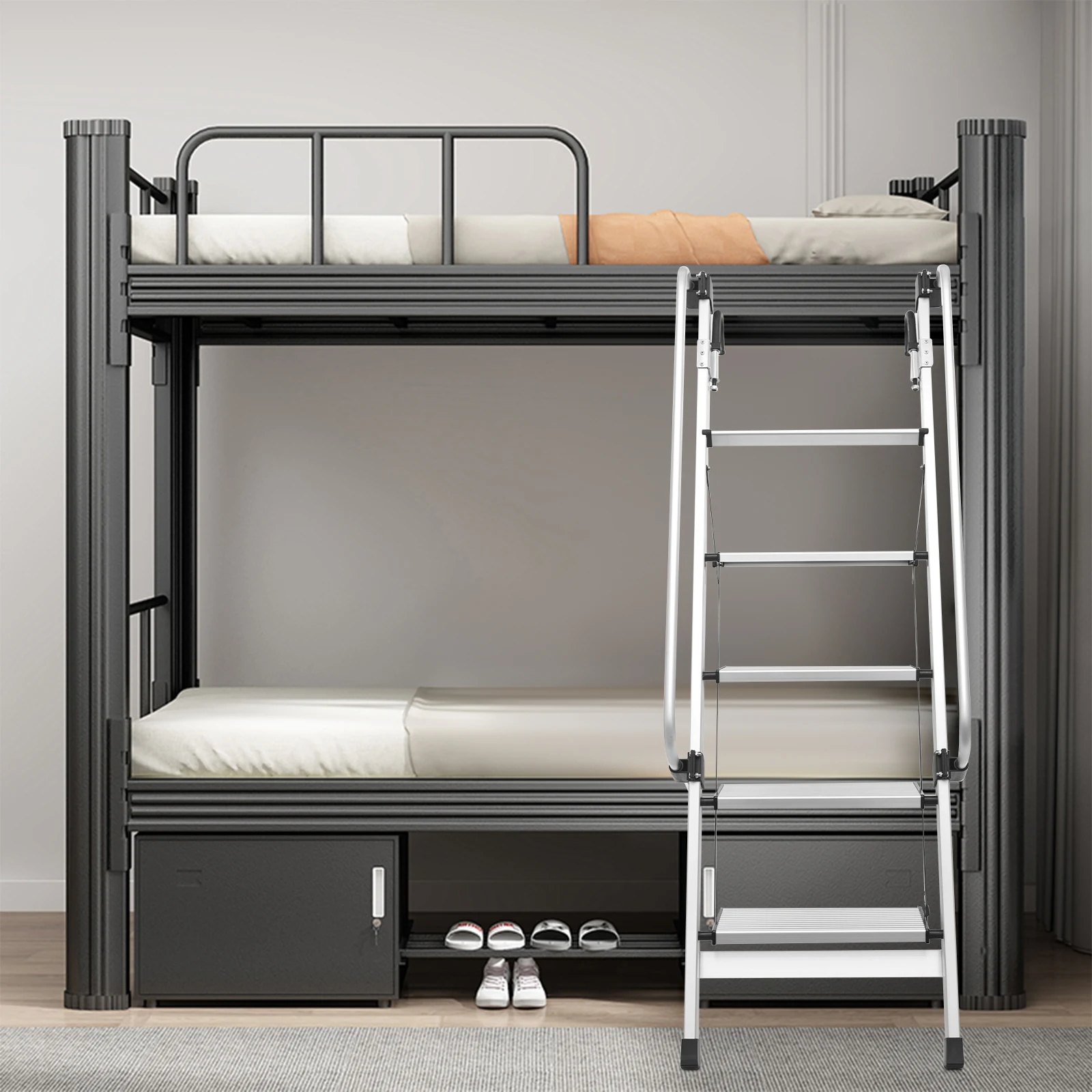 

5-ступенчатая лестница, складная лестница для кровати, лестница в стиле лофт из алюминиевого сплава, нескользящая двухъярусная лестница с поручнем и крючком