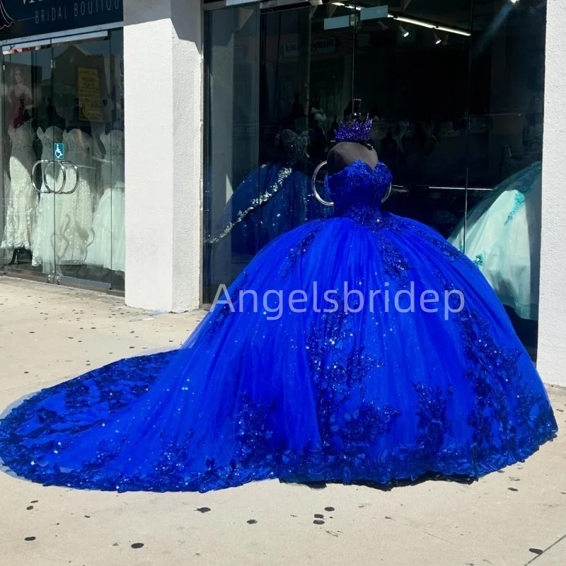 فستان كرة تول طويل بقطار Angelsbride مع مزخرف ، أزرق ملكي ، فستان زفاف Quinceanera ، 15 عامًا ، حفلة عيد ميلاد