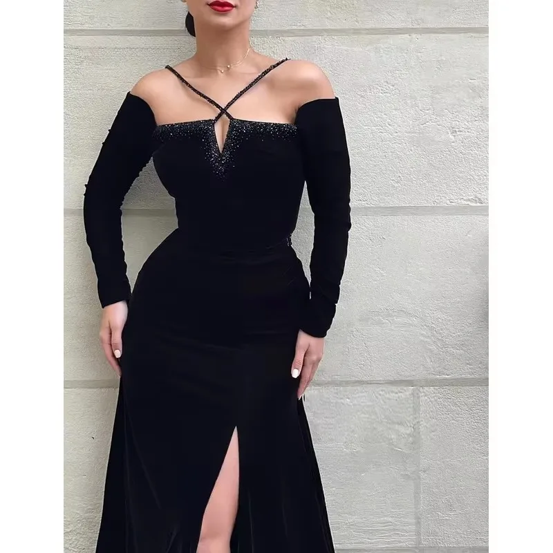 Little Daisy Sexy Black Halter Simple Women Evening Dresses Floor Length A Line High Slit Formal Party Prom Gown New 2023