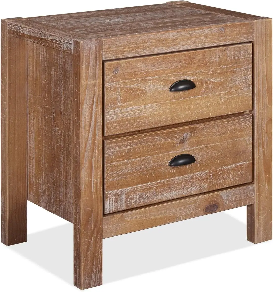 2 Drawer Bedside Nightstand Solid Wood with Driftwood Finish Drawers Feature Metal Glides and Replaceable Rustic Metal Pulls