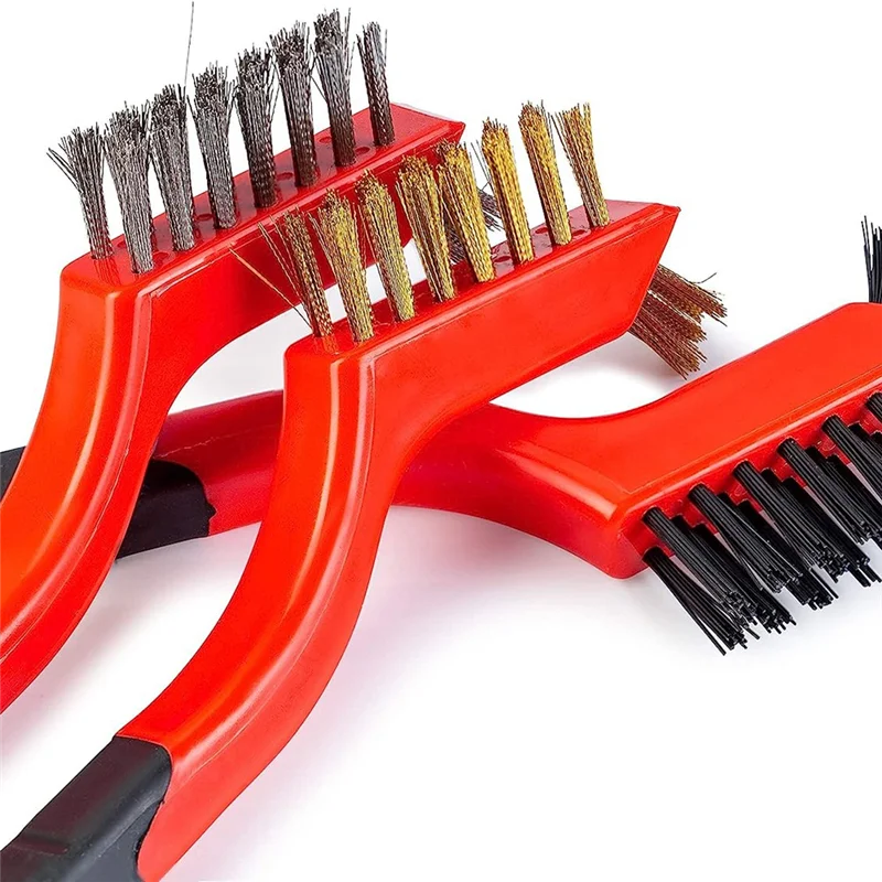 AB47-Wire Brush Set For Cleaning Black & Red Metal+Plastic With Paint Scraper For Rust,Dirt