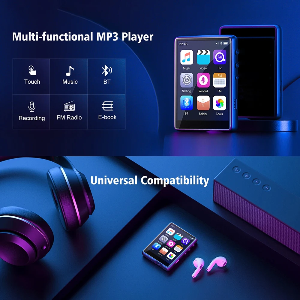 Портативный MP3-плеер Bluetooth 5.0 Music Palyer Полный сенсорный экран MP4-плеер Встроенный динамик Walkman с FM-радио Запись Электронная книга