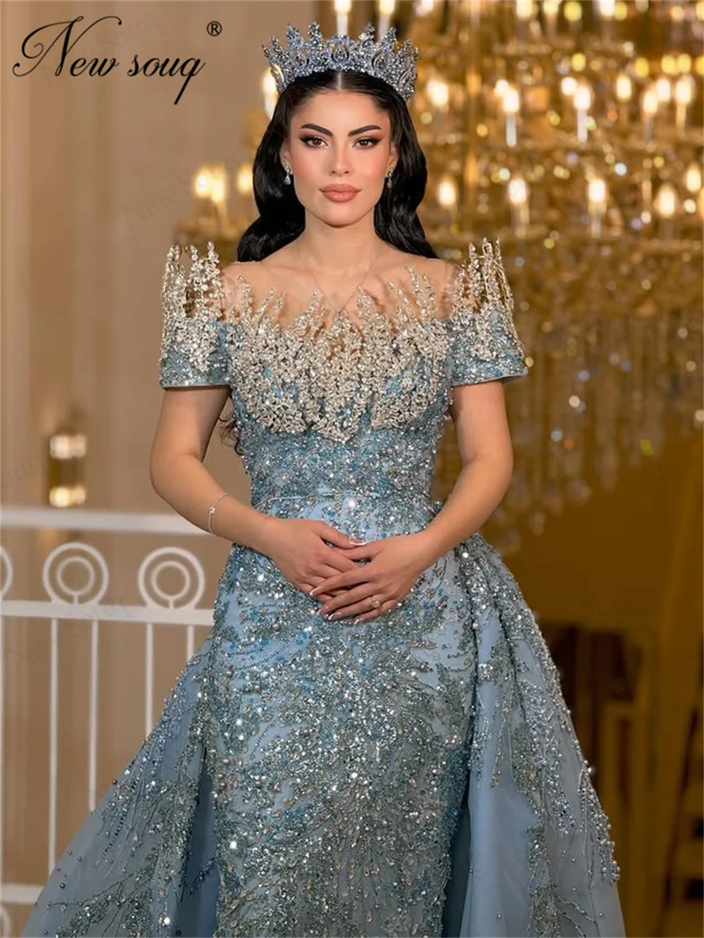 

Arabic Blue Beaded Evening Dresses With Detachable Skirt Crystals Prom Dress Wedding Party Gowns Vestidos De Cóctel Customized