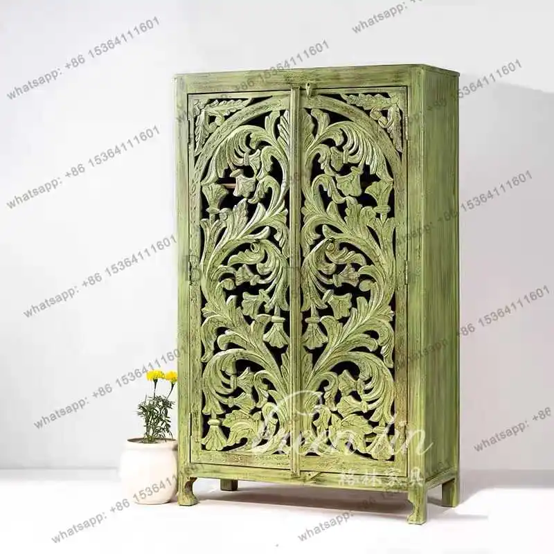zj.American retro wind solid wood carving flower wardrobe living room dining side cabinet decoration home storage advanced sense