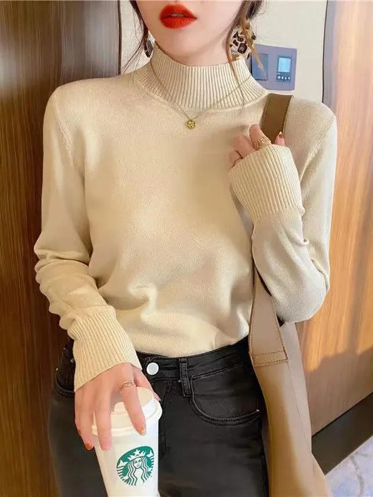 Autumn Winter Chic Bottom Sweaters Women Fashion Turtleneck Pullover Loose Long Sleeve Knitted Jumpers Soft Warm Pull Femme Top