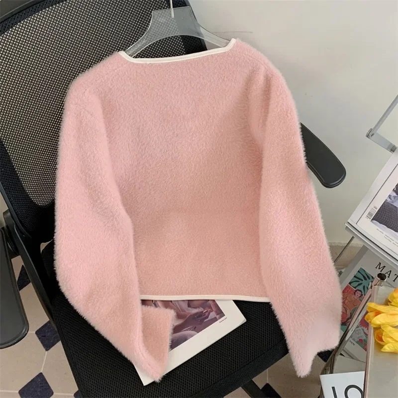 Elegant Sweater Coat Women Imitation Mink Fleece Knitted Cardigan Korean Sweet Bow Sweater Long Sleeve Autumn Winter Cardigans