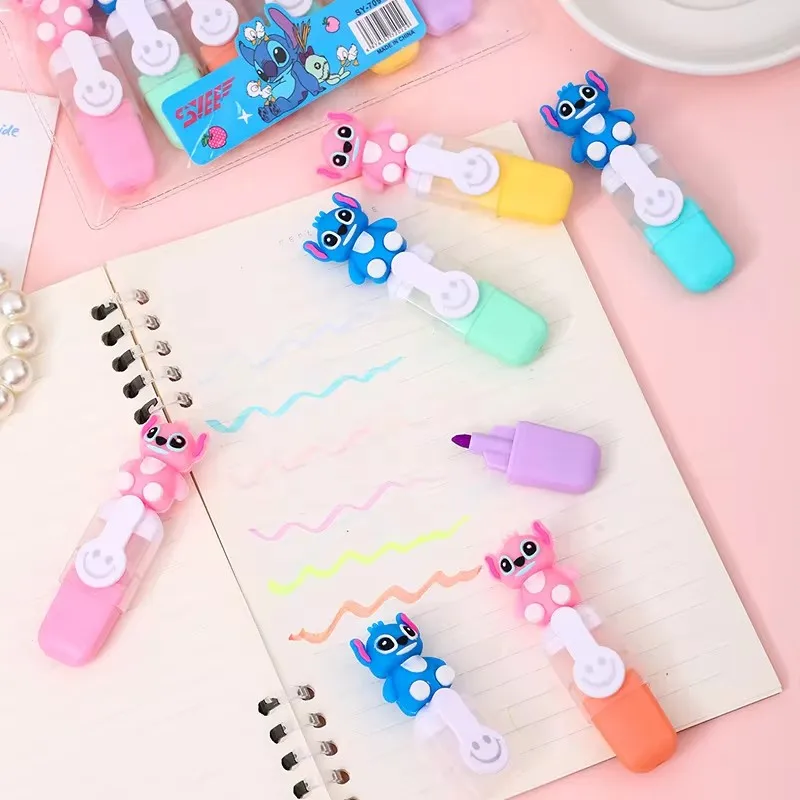 Disney Stitch Doll 6pcs Highlighter Pen 6-color New Mini Cartoon Single Inclined Student Stationery Hand Account Birthday Gift