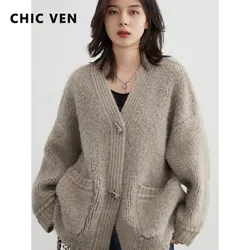 CHIC VEN Korean Women Cardigan Loose V-neck Ladies Knitwears Thick Warm Fashion Sweater Woman Knitted Jumpers Autumn Winter 2024