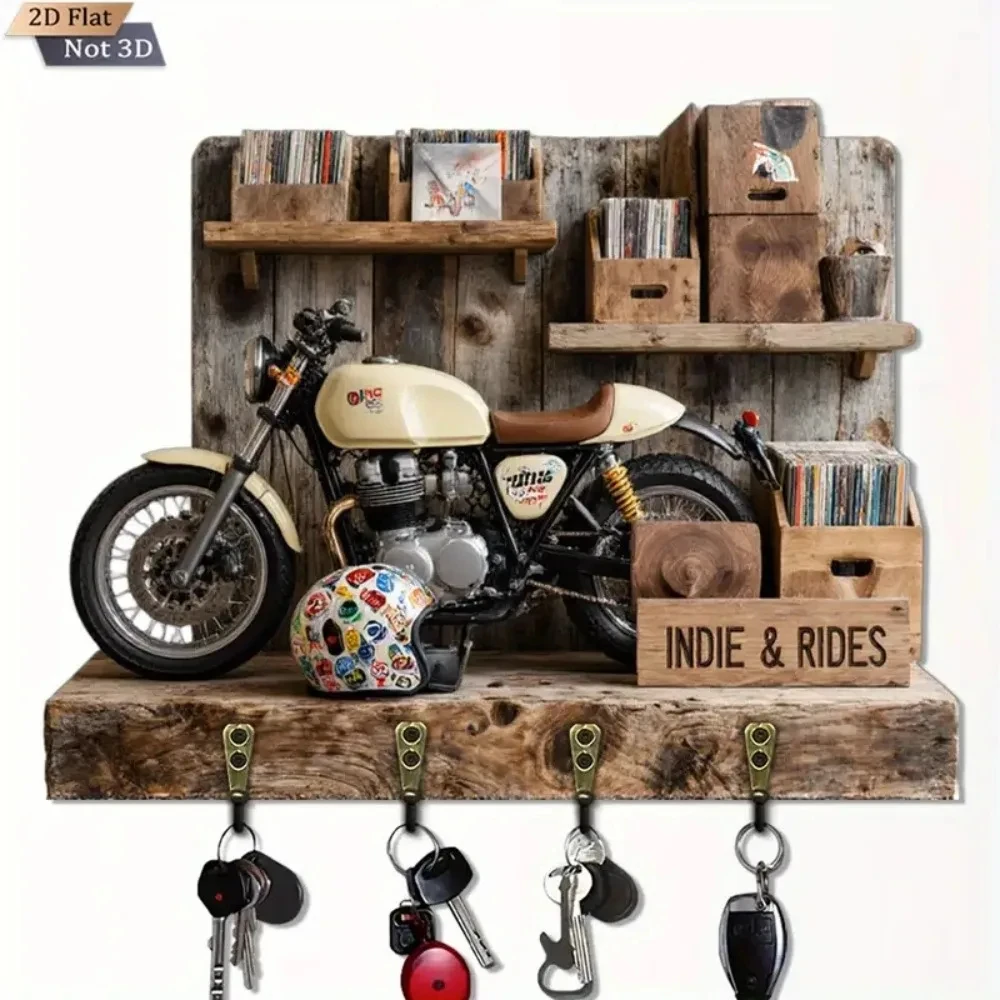 2D Retro Motorcycle Display - Wooden Key Holder with Four Metal Hooks, Home, Living Room, Room, Wall, Porch, Garage Decoration