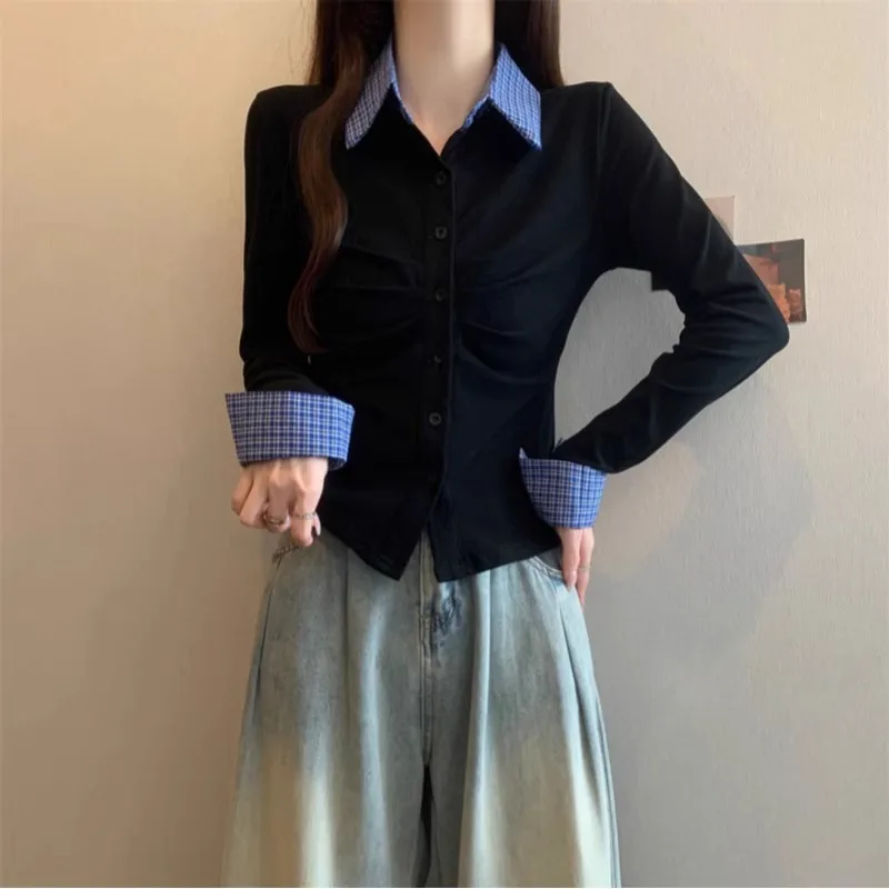 Slim Fit Long Sve irt Women's plus Size Waist Cinched Base Layer Top Spring New Sle Plaid Patchwork Casual Faion