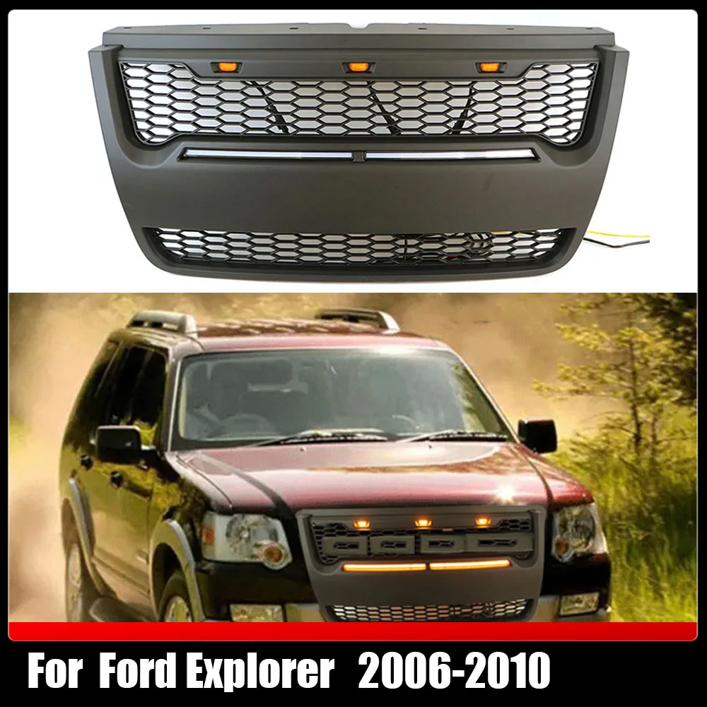 

Offroad Exterior Parts Front Grill Racing Grills Upper Grid W/Emblem Bumper Grille W/LED Lights Fit For Ford Explorer 2006-2010