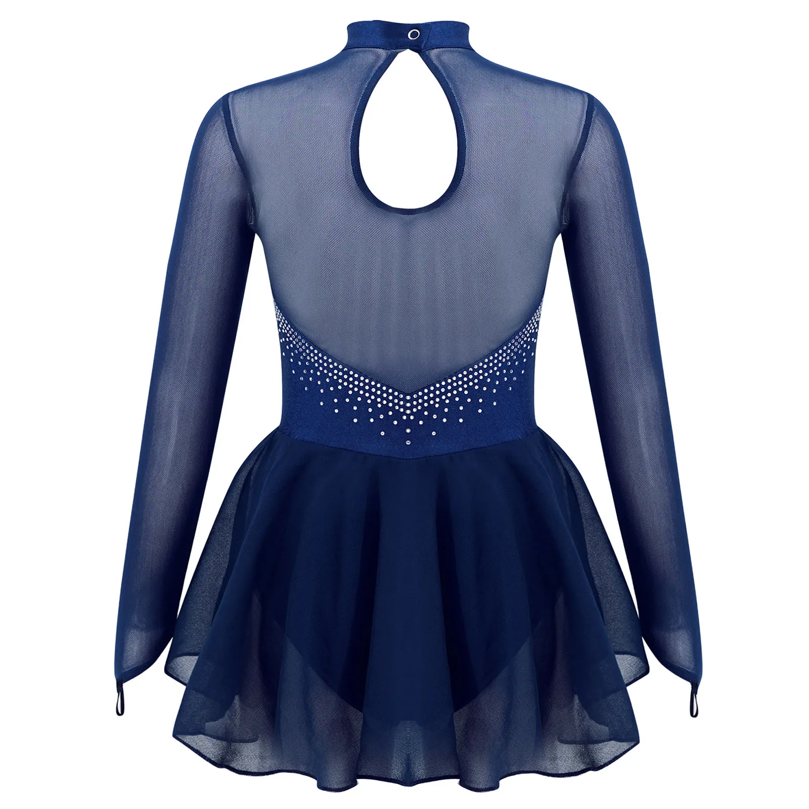 Kids Girls Long Sleeve Figure Skating Dress Rhinestone Mesh Tulle Tutu Ballet Gymnastics Leotard Dress Performance Dancewear