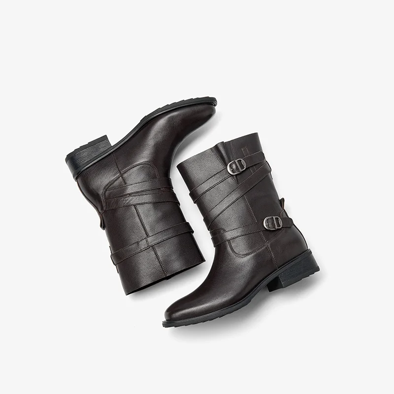 BEAUTODAY Western Boots Women Cow Leather Solid Color Round Toe Double Buckle Strap Mid-Calf Boots Ladies Shoes Handmade 02274