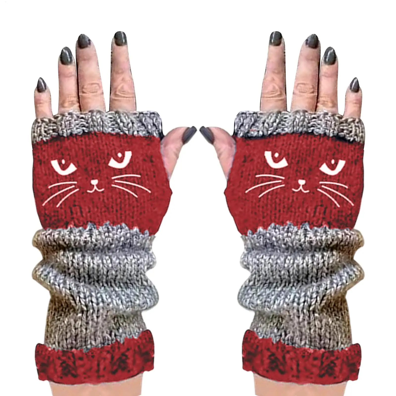 Strickhandschuhe, Thermo-Winterhandschuhe, warm, niedliche Katze, fingerlose Handschuhe, Weihnachten, Unisex, Anti-Kälte, verdickte Touchscreen-Fäustlinge