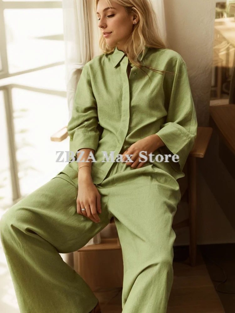 ZBZA Women\'s Oversized Blend Shirt Pants Set Lapel Hidden Buttons Tops High Elastic Waist Pockets Wide Leg Pant Female Chic Set