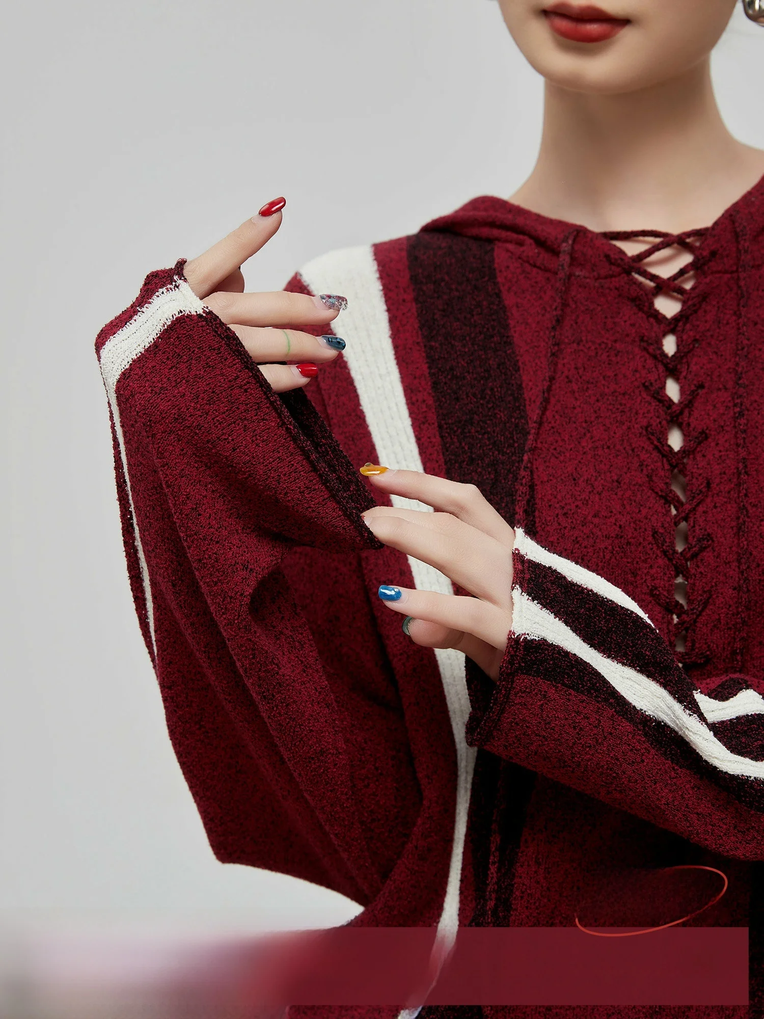 

Ретро-американский красный вязаный свитер с капюшоном и длинными рукавами для женщин, осенняя новинка, тонкий свитер-кардиган в стиле колор-блок, повседневный свободный крой