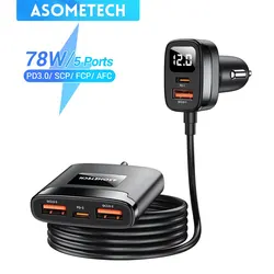 ASOMETECH 78W Ładowarka samochodowa USB 5 portów QC3.0 PD3.0 SCP Szybka ładowarka USB typu C do iPhone Samsung Tablet Xiaomi Samochodowa ładowarka USB