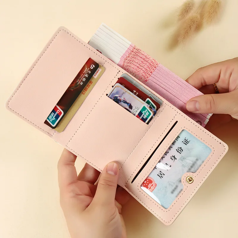 

Three Fold Wallet for Women Portable Travel Card Holder Coin Pouch Sweet Pink Flower Bow Girl's Cute Cash Purse Photo Card Bag