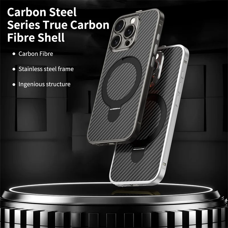 For iPhone 16 15 Pro Max Aluminum Alloy Frame Magnetic Bracket Detachable True Carbon Fiber Backplate Magsafe Protective Cover