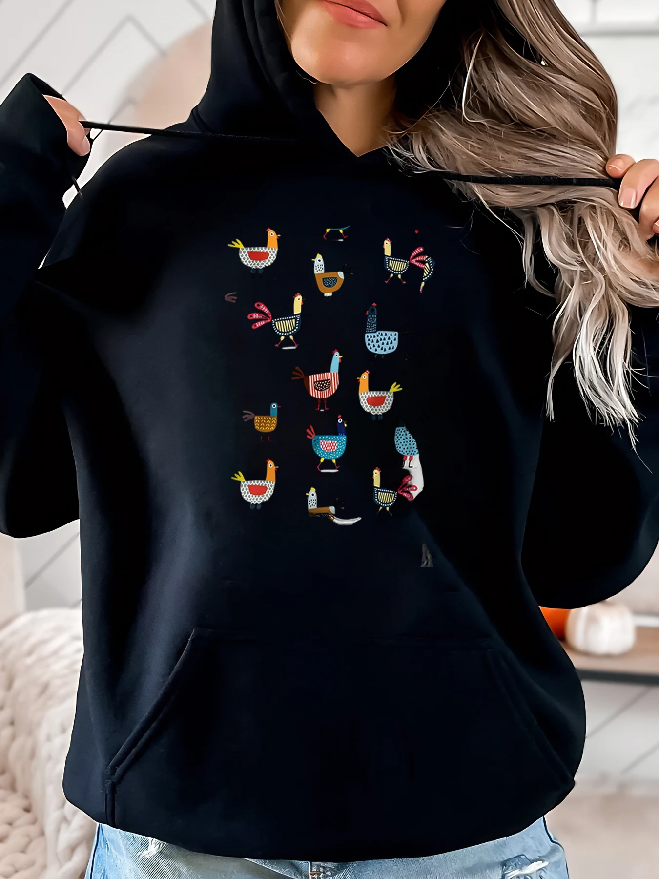 

Женская толстовка с капюшоном на День Благодарения с куриным узором, повседневная осенне-зимняя одежда, черная, больших размеров